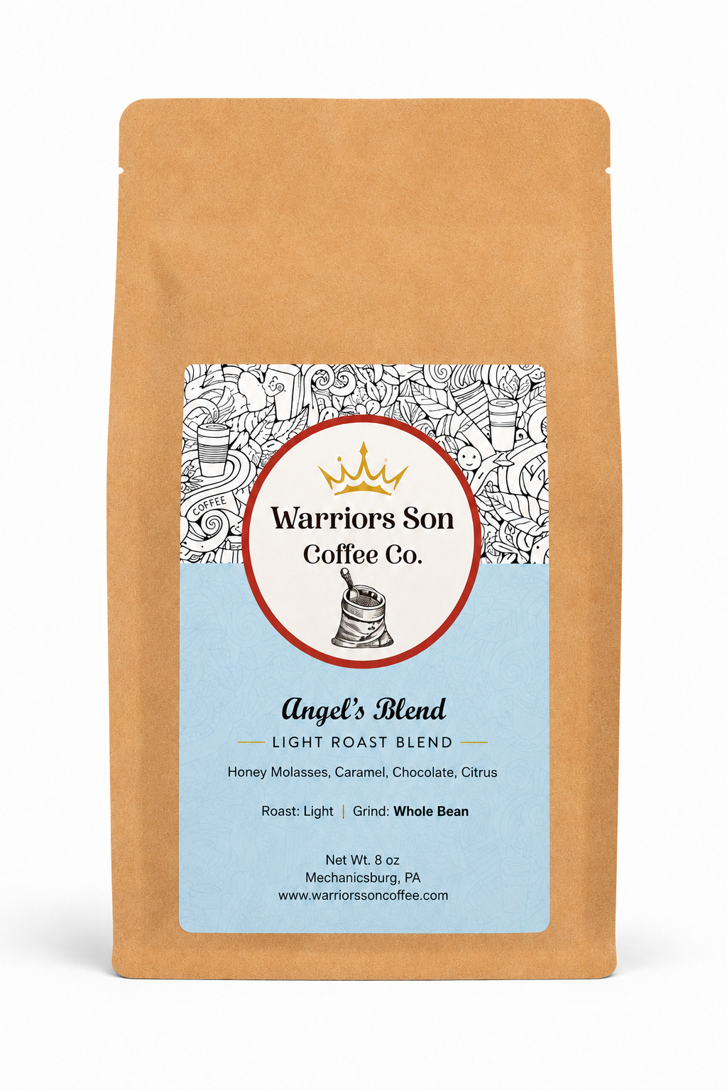 Warriors Son Coffee Co. Angel's Blend coffee package on a white background
