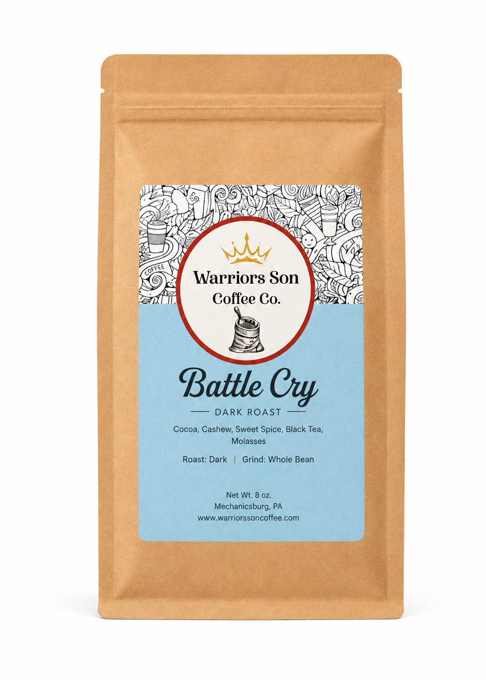 Warriors Son Coffee Co. 'Battle Cry' dark roast coffee package on a white background