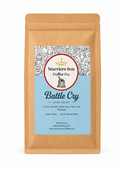 Warriors Son Coffee Co. 'Battle Cry' dark roast coffee package on a white background