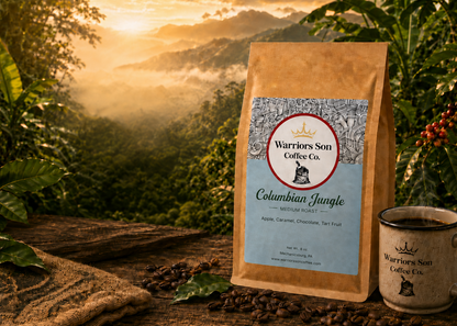 Warriors Son Coffee Co. bag and mug with a scenic background