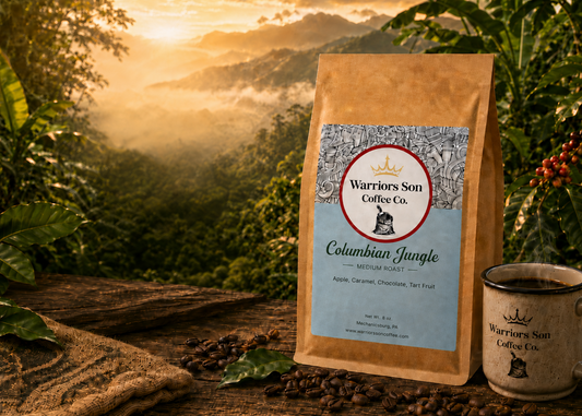 Warriors Son Coffee Co. bag and mug with a scenic background