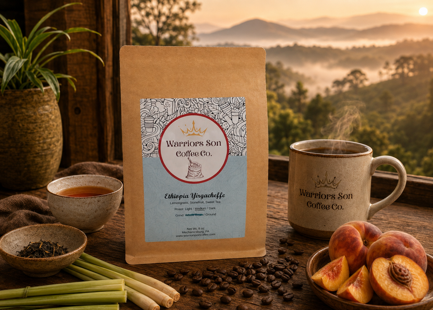 Warrior's Son Coffee Co. package with a scenic background