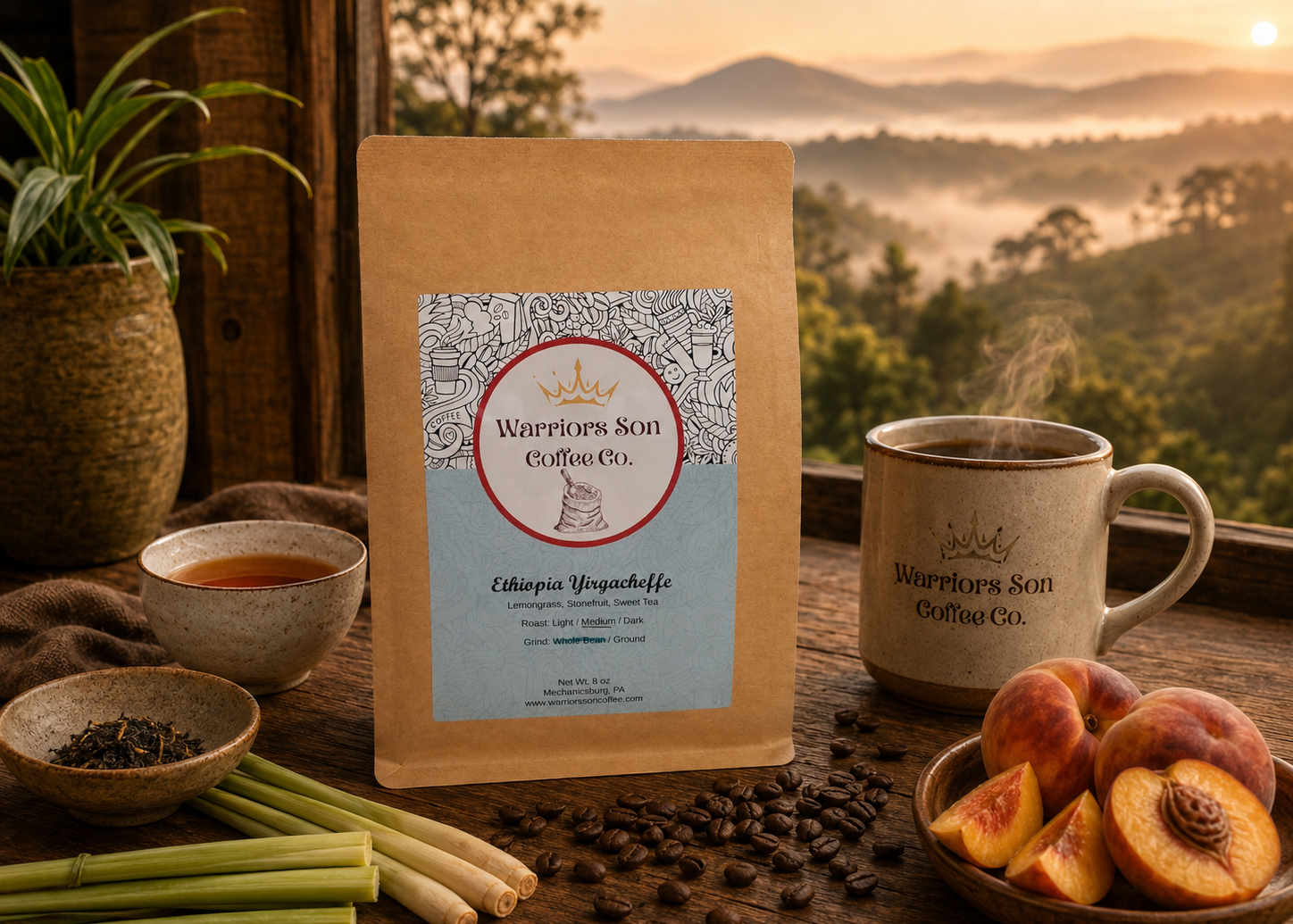 Warrior's Son Coffee Co. package with a scenic background