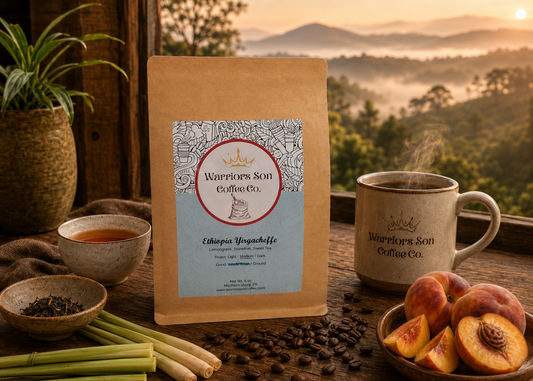 Warrior's Son Coffee Co. package with a scenic background