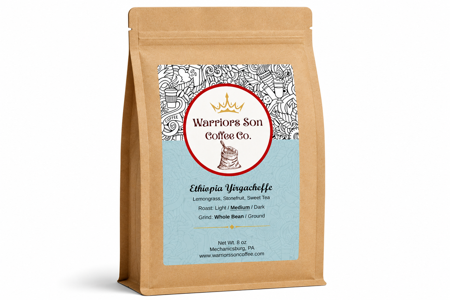 Coffee bag from Warrior's Son Coffee Co. with a label on a white background