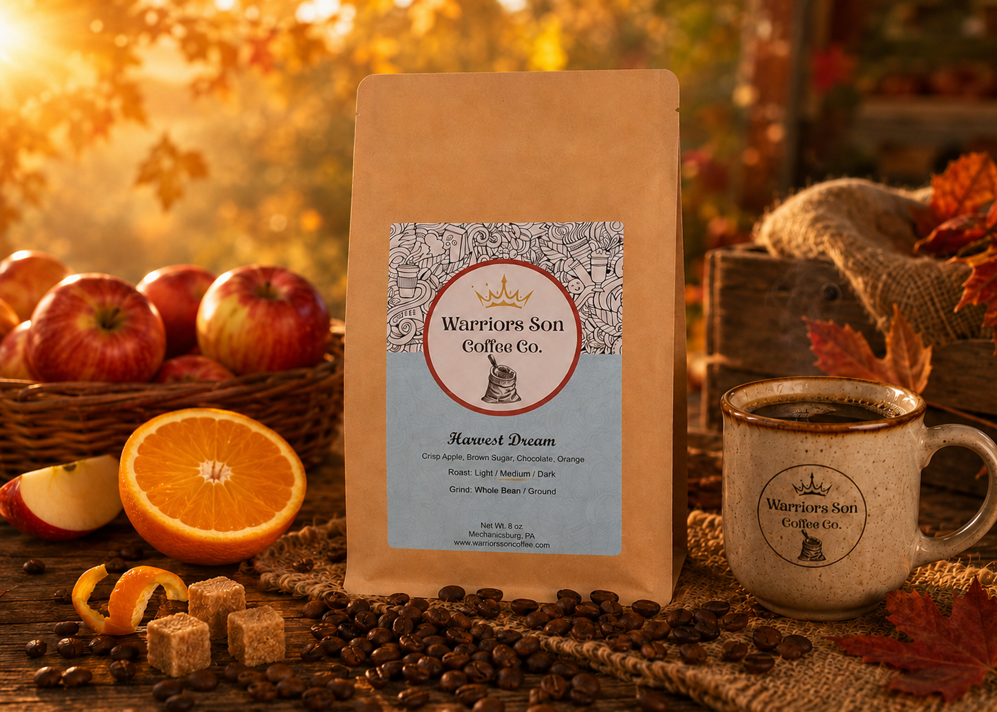 Warriors Son Coffee Co. package with a cup of coffee, apples, and oranges on a wooden table.
