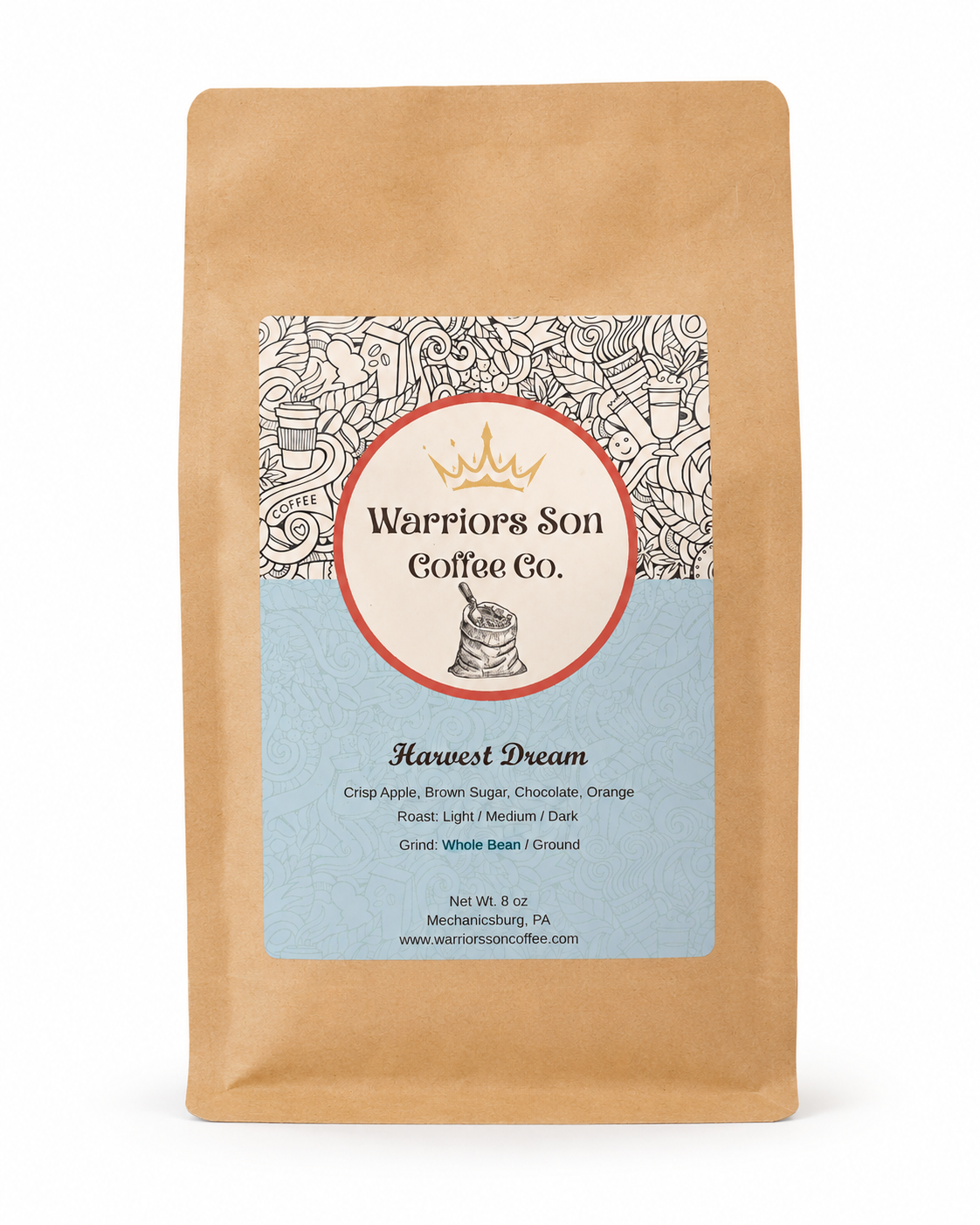 Kraft paper coffee bag with 'Warriors Son Coffee Co.' label on a white background