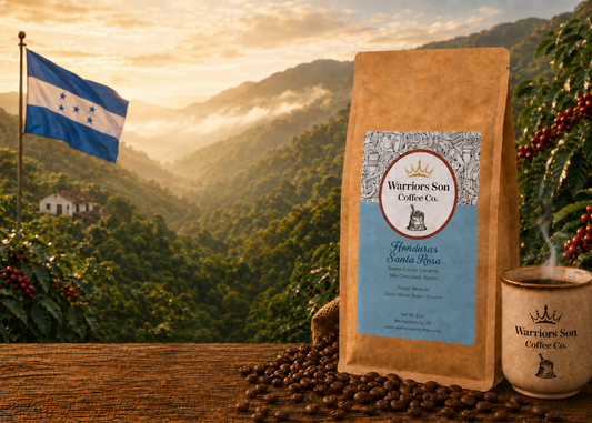 Warriors Son Coffee Co. package with coffee beans and a scenic background