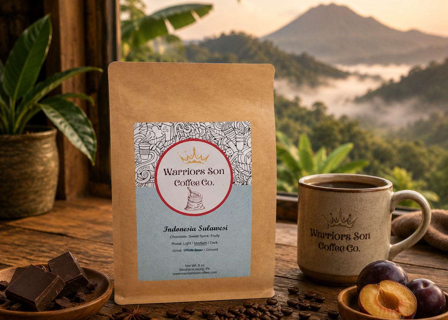 Warriors Son Coffee Co. package with a scenic background