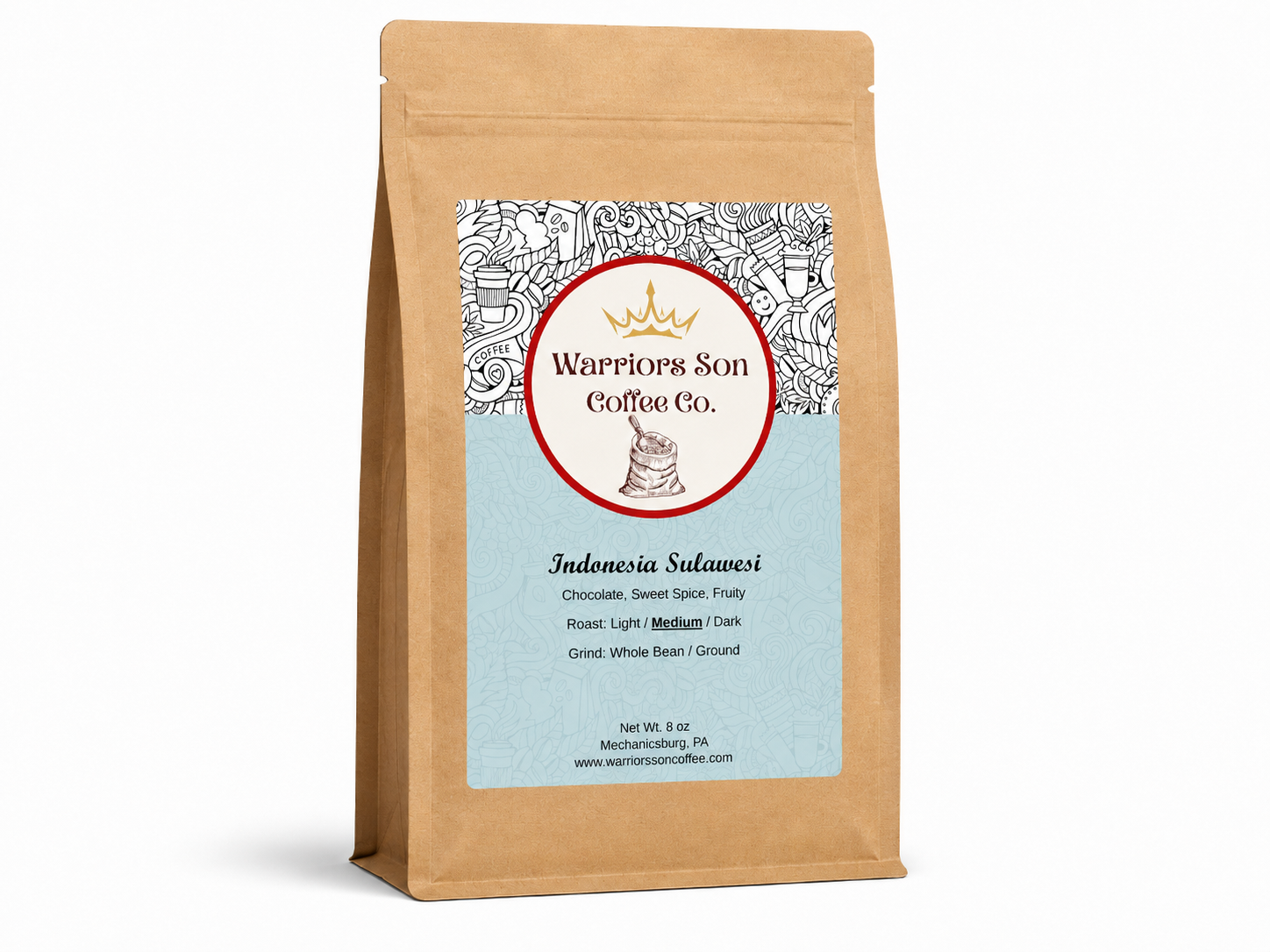 Kraft paper coffee bag with Warrior's Son Coffee Co. label on a white background