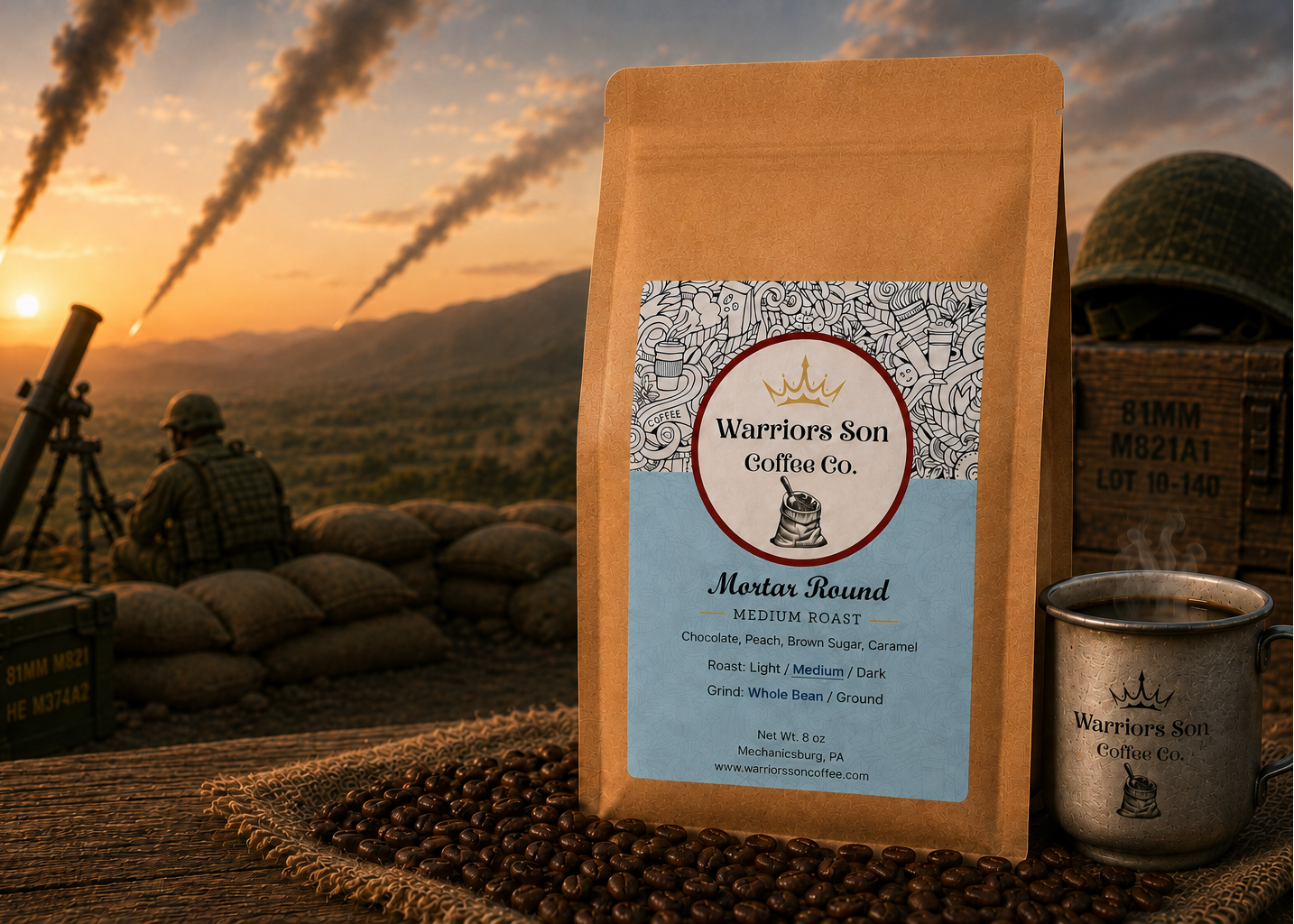 Warriors Son Coffee Co. package with a sunset and soldiers in the background