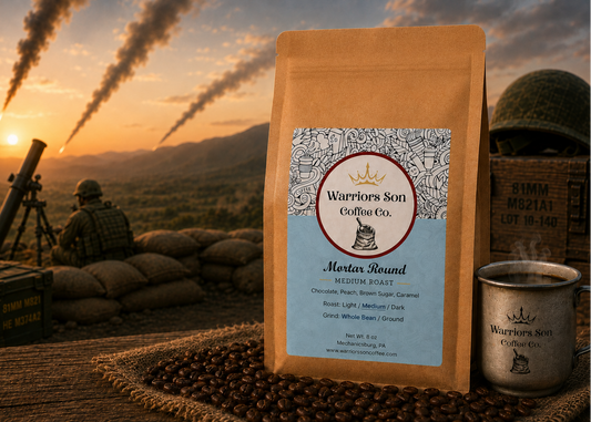 Warriors Son Coffee Co. package with a sunset and soldiers in the background