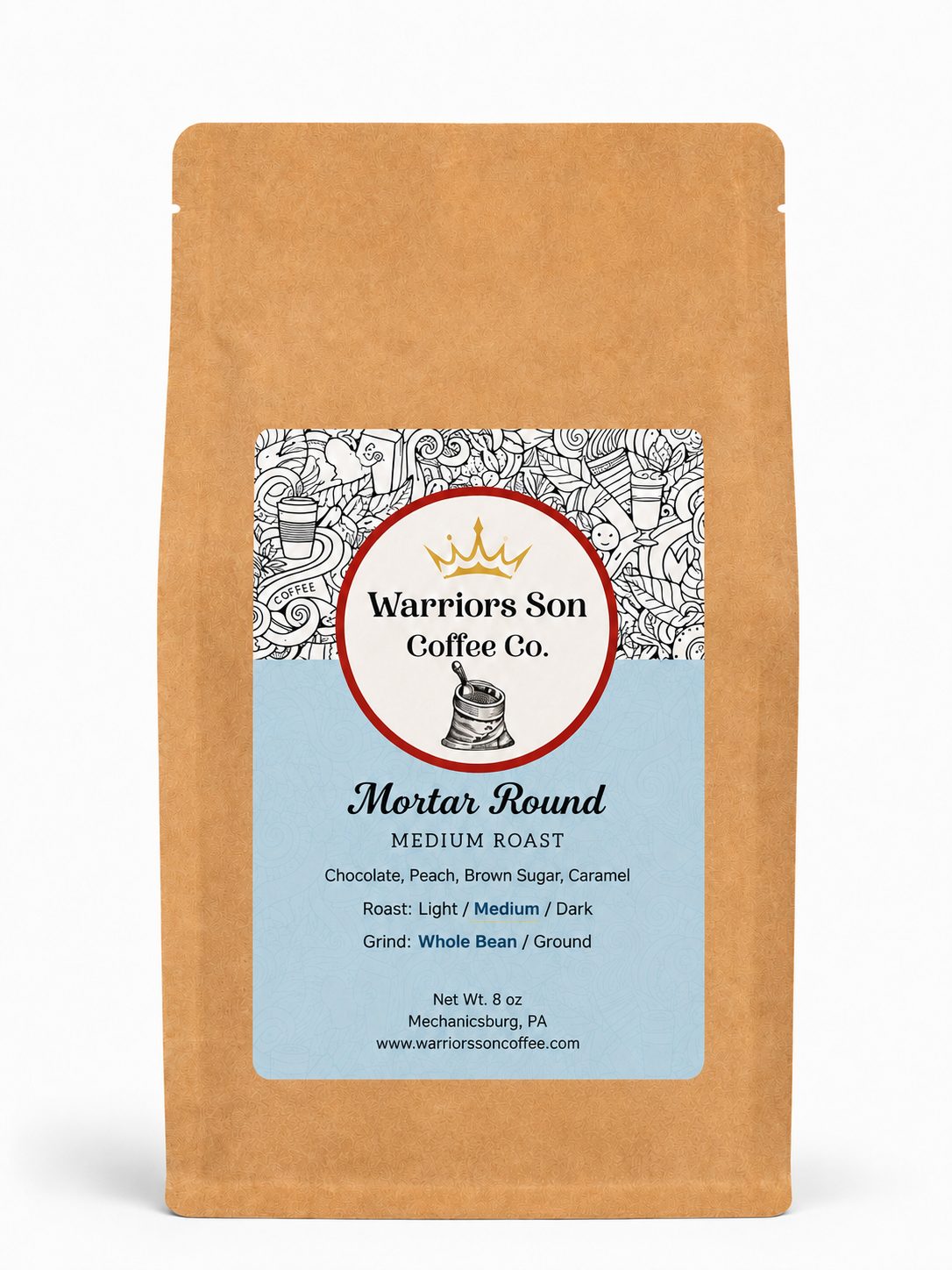 Warriors Son Coffee Co. Mortar Round coffee package on a white background