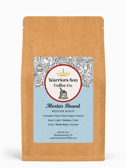 Warriors Son Coffee Co. Mortar Round coffee package on a white background