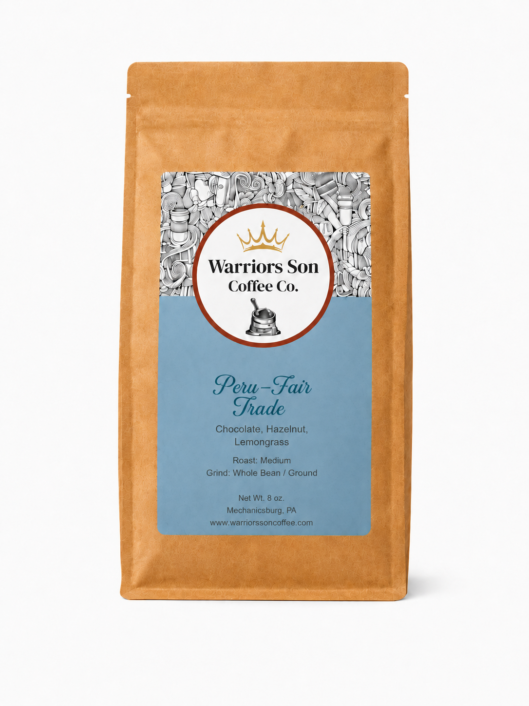 Warriors Son Coffee Co. Peru Fair Trade coffee package on a white background
