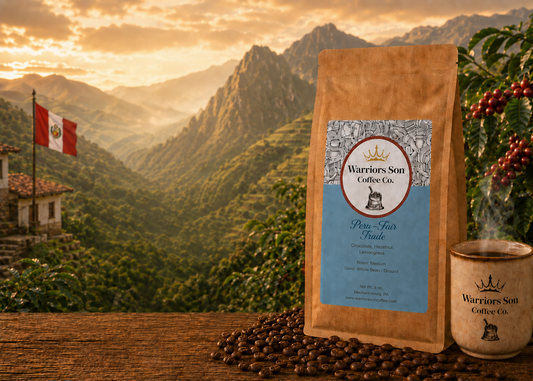 Warriors Son Coffee Co. package and mug with coffee beans on a wooden surface, mountainous landscape in the background