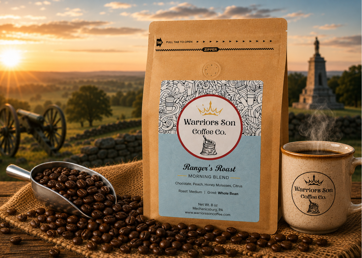 Warrior's Son Coffee Co. package with coffee beans and a mug against a scenic background