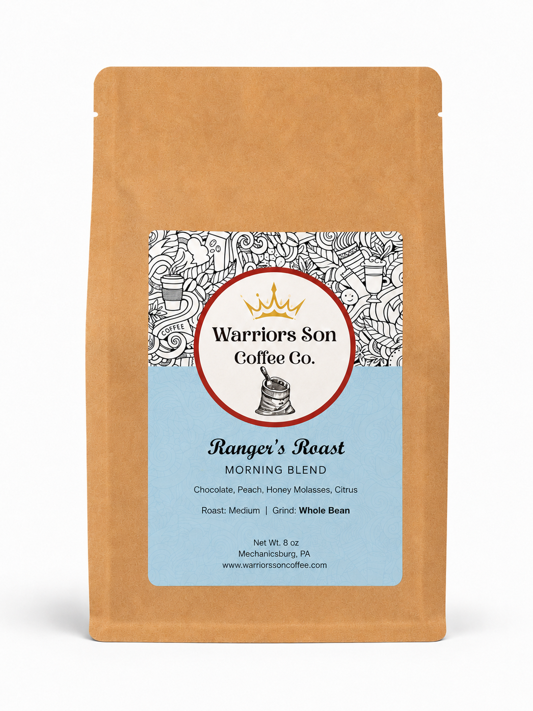 Warriors Son Coffee Co. coffee package with a brown bag and blue label on a white background